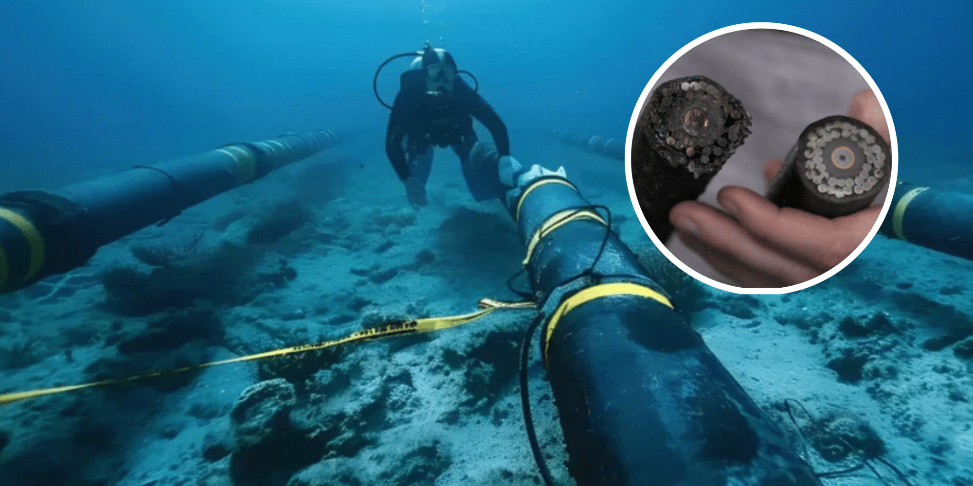 Cabo submarino de fibra óptica sendo recuperado do fundo do oceano