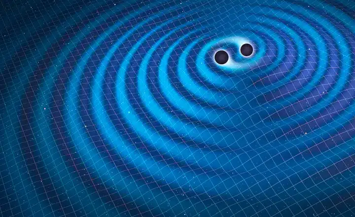 Representação de ondas gravitacionais se propagando pelo espaço