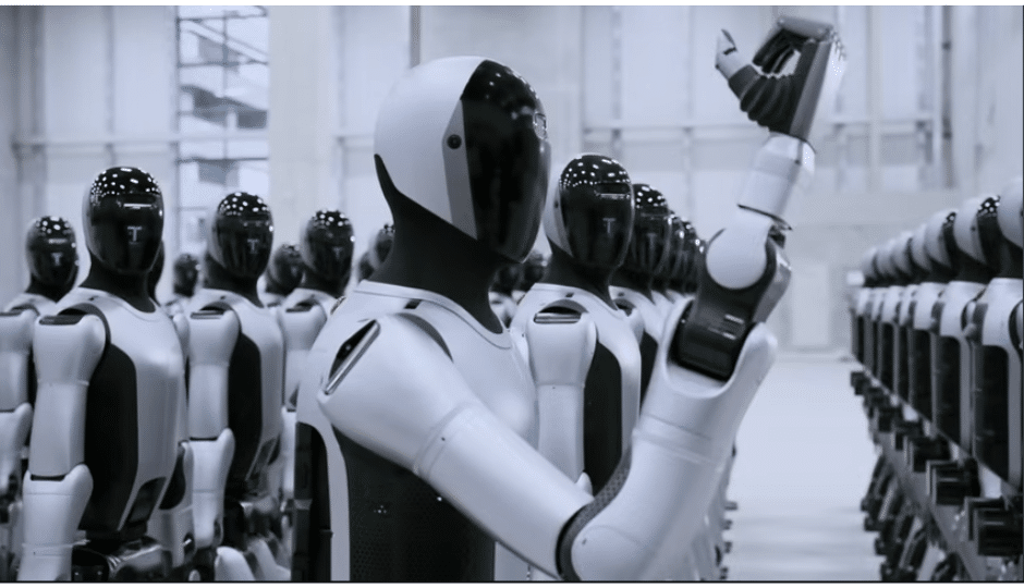 Robôs trabalhando em linha de produção automatizada