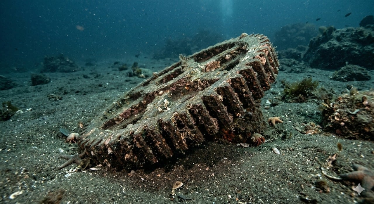 Engrenagem antiga submersa com aparência metálica e desgastada