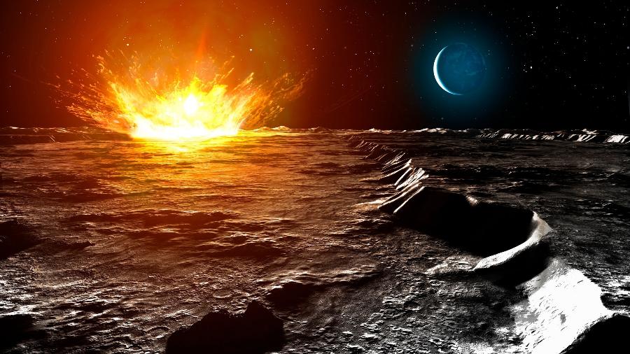 Ilustração de experimento científico com fogo sendo testado na superfície da Lua